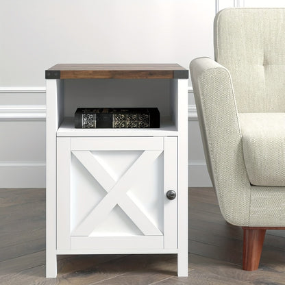 Farmhouse Nightstand with Barn Door & Shelf, Rustic Modern Bedside Table End Table for Bedroom Living Room Entryway, 23.7"x15.8" – Set of 1 or 2, Navy Blue Grey White Oak Black