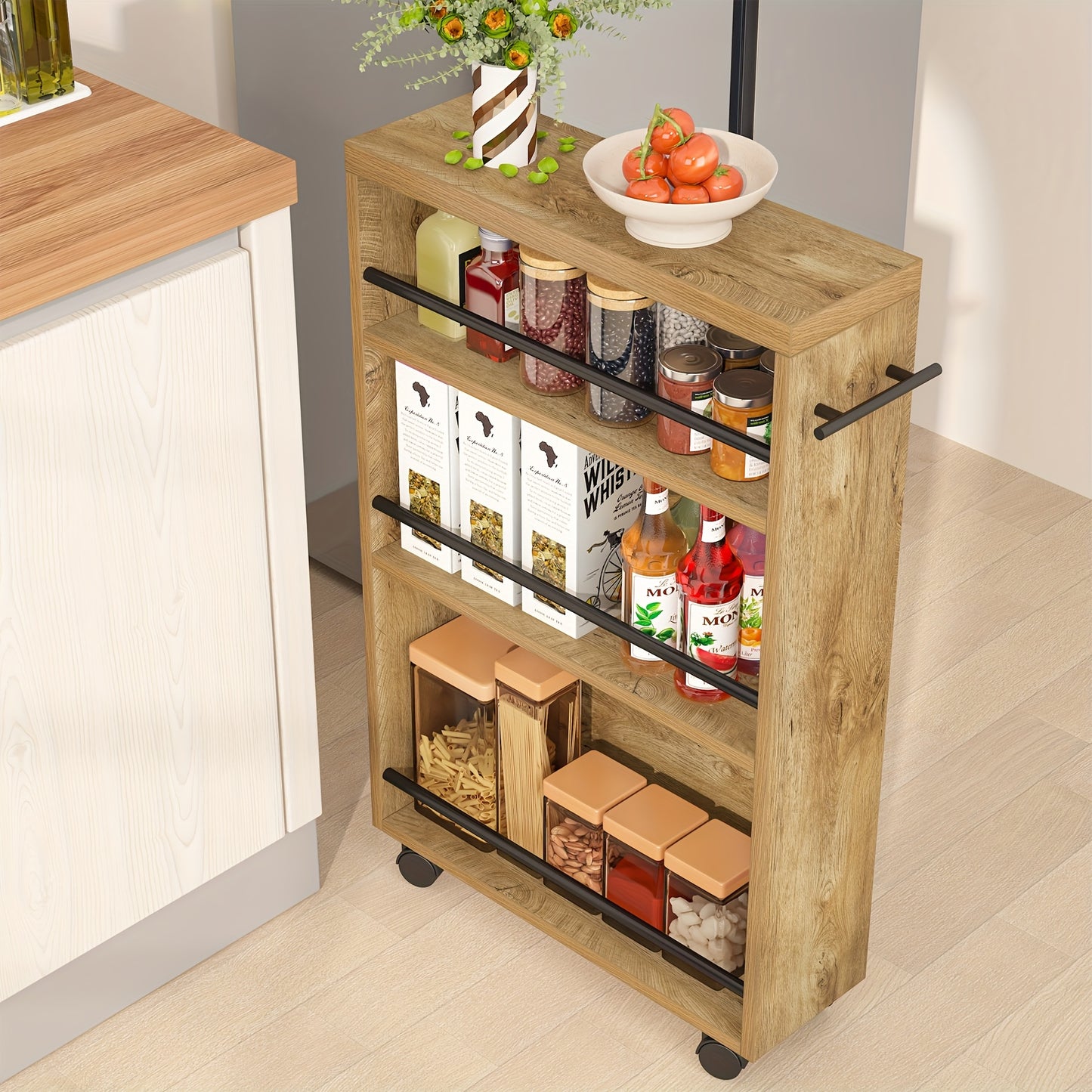 Slim Storage Cart with 4-Tier Slide Out Shelves, Rolling Narrow Utility Cart on Wheels for Small Spaces, Kitchen, Bathroom, Laundry Room, Rustic Design with Handle
