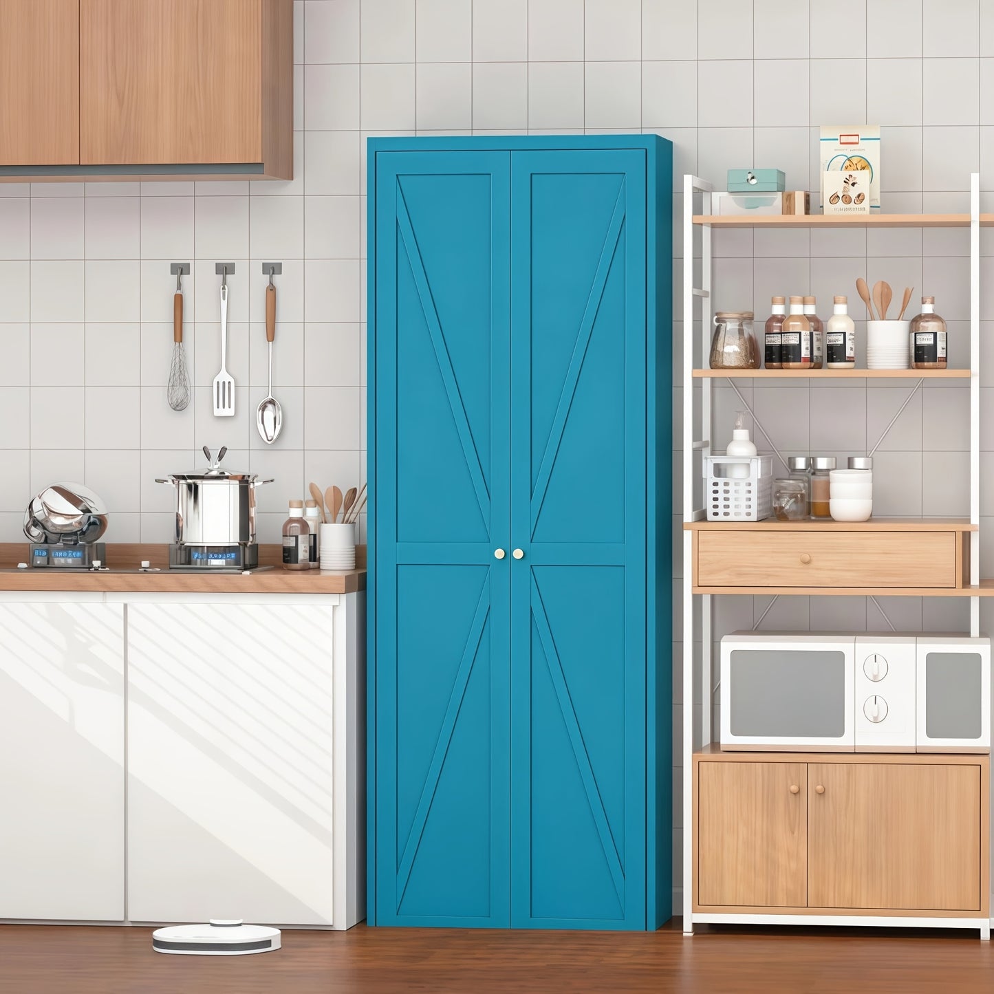 71" Farmhouse White Kitchen Pantry Cabinet - 2 Barn Doors, 4 Adjustable Shelves & Legs - Ideal for Cupboard, Dining, Bath, Living, Office, Laundry Room