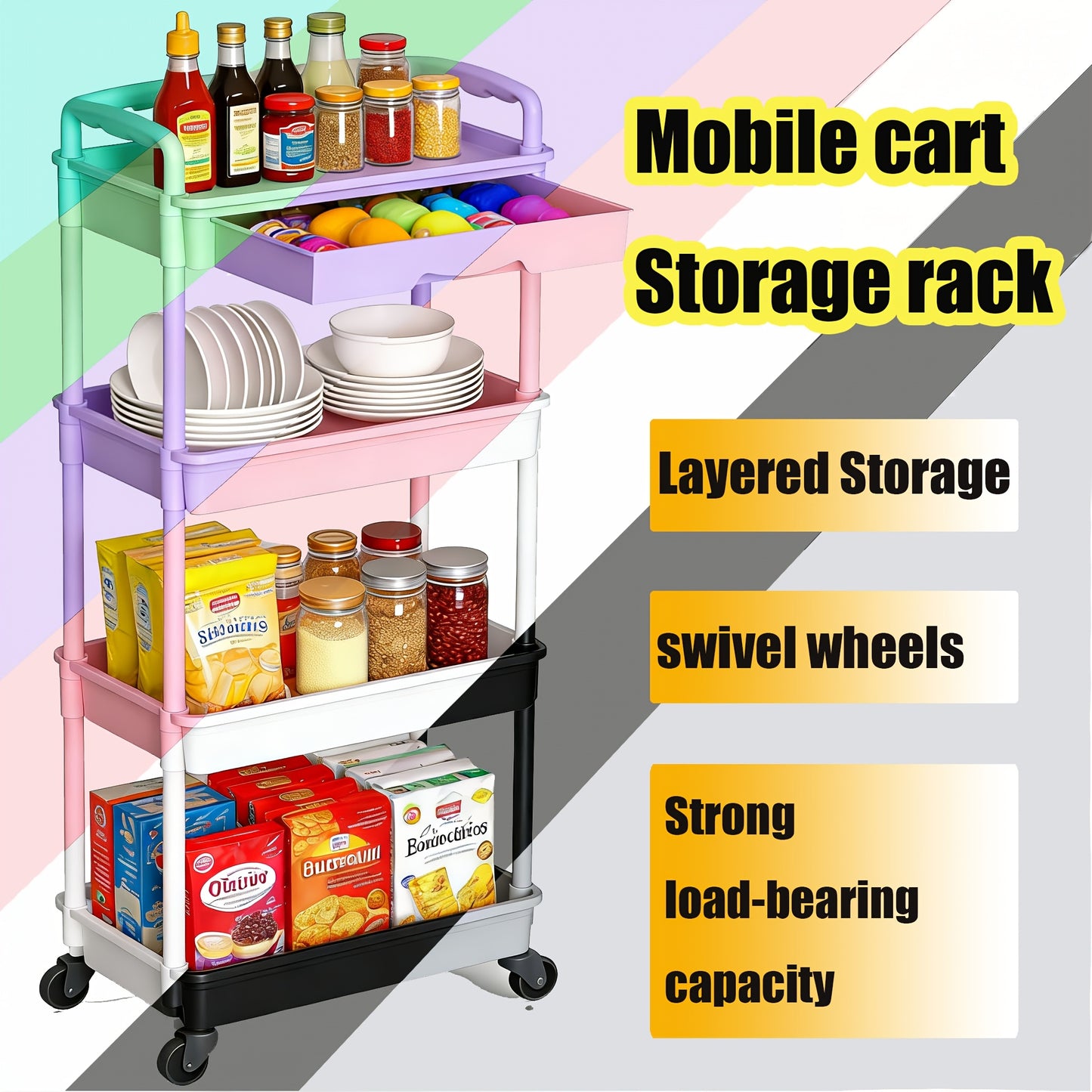 [Wedding Decorations Gift] Multi-Functional 3/4 Tier Rolling Storage Cart With Drawers - Durable Plastic Organizer With Lockable Wheels, Cup Holder & Hooks-Space-Saving Solution For Kitchen, Bathroom, Living Room - Ideal For Kitchen Accessories, Wedding D