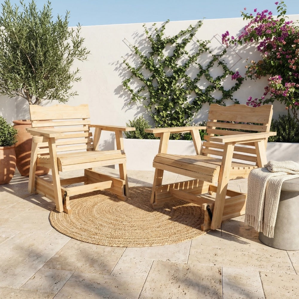 Solid Wood Patio Rocking Chair with High Backrest, Curved Seat, Wide Armrests, Hidden Cup Holder, Porch Rocker Slatted Chair for Backyard Balcony Poolside, 330 LBS Strong Loading