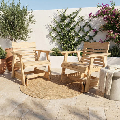 Solid Wood Patio Rocking Chair with High Backrest, Curved Seat, Wide Armrests, Hidden Cup Holder, Porch Rocker Slatted Chair for Backyard Balcony Poolside, 330 LBS Strong Loading