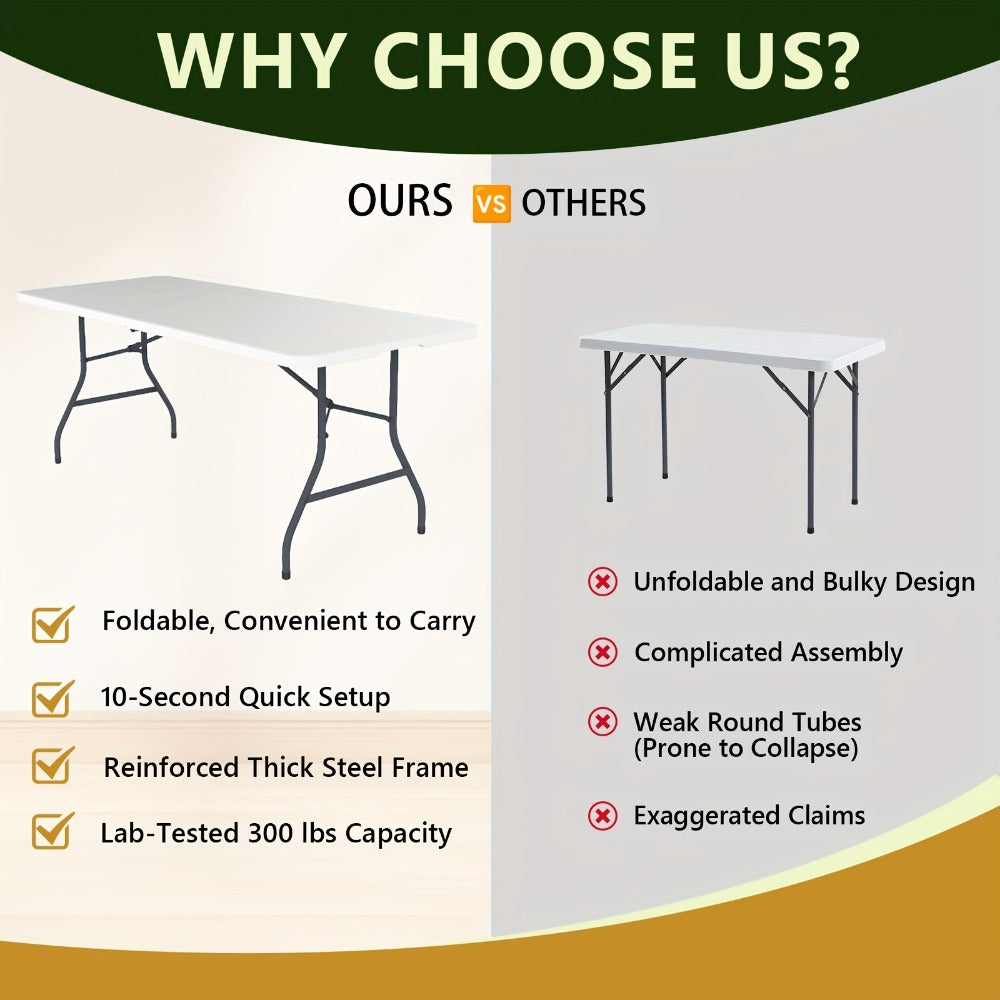 Folding Table with Metal Legs Sturdy Plastic Tabletop Easy Clean for Camping Outdoor Events Family Meals Indoor 2.5FT 4FT 5FT 6FT Black White Pink Khaki