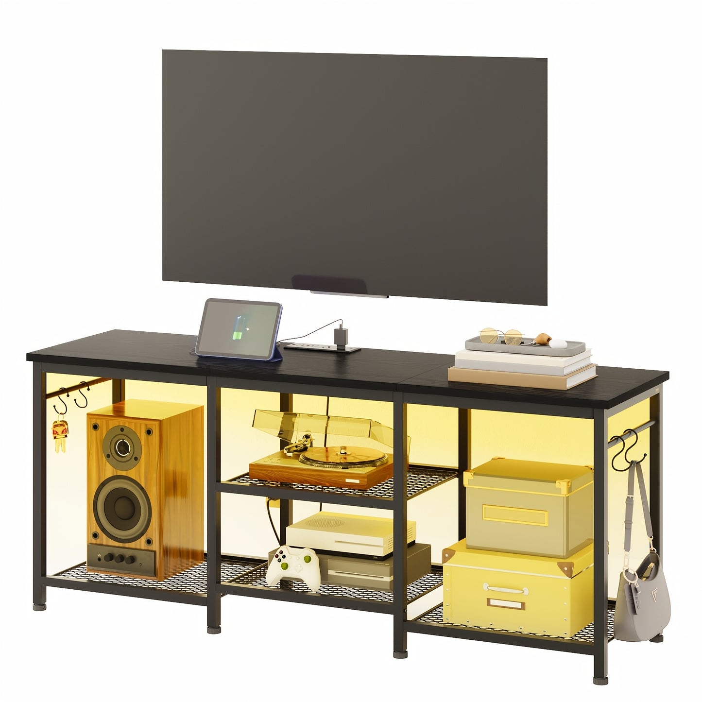TV Stand with Charging Station and LED Lights, 55 Inch Entertainment Center with 4-Tier Open Storage Shelves, Living Room Bedroom Media Console Cabinet, Easy Assembly