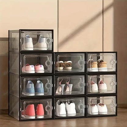 6/10/12/24 Pack Shoe Storage Box, Clear Plastic Stackable Shoe Organizer for Closet, Space Saving Foldable Shoe Rack Sneaker Container Bin Holder