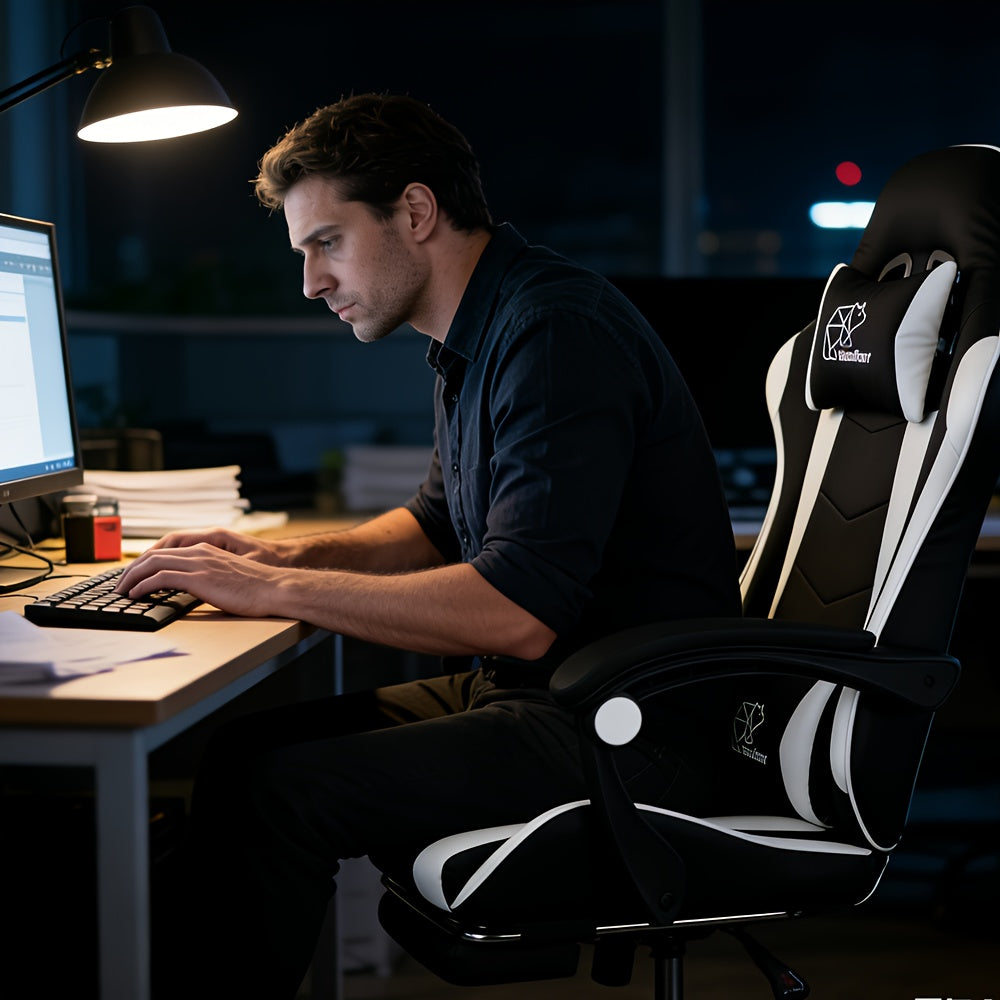 Gaming Chair, Ergonomic High Back Reclining PU Leather Computer Chair, for Adults Teens Office Gaming Use, with Headrest Lumbar Support Fixed Armrest Adjustable Swivel Rolling Footrest Racing Style Multicolor (w/ Footrest/ W/o Footrest)