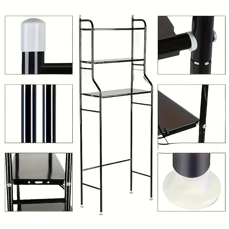 1pc Space-Saving Over The Toilet Storage Shelf, 3-Tier Freestanding Metal Frame Over-The-Toilet Storage Cabinet with Roll Paper Holder And Hooks, Easy Assembly No Drilling Required, for Toilet Washing Machine Small Bathrooms, White/Black
