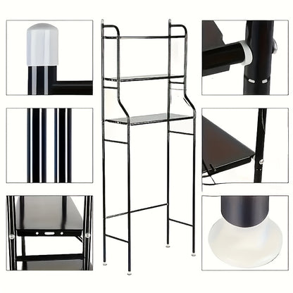 1pc Space-Saving Over The Toilet Storage Shelf, 3-Tier Freestanding Metal Frame Over-The-Toilet Storage Cabinet with Roll Paper Holder And Hooks, Easy Assembly No Drilling Required, for Toilet Washing Machine Small Bathrooms, White/Black