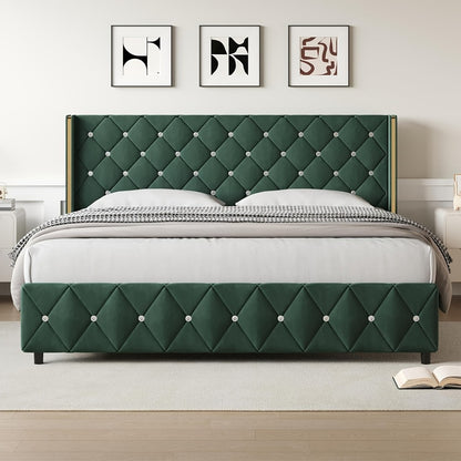 Diamond Tufted Bed Frame with Wingback Headboard & Silvery Side Wings – Upholstered, No Box Spring, Twin Full Queen King, 6 Colors
