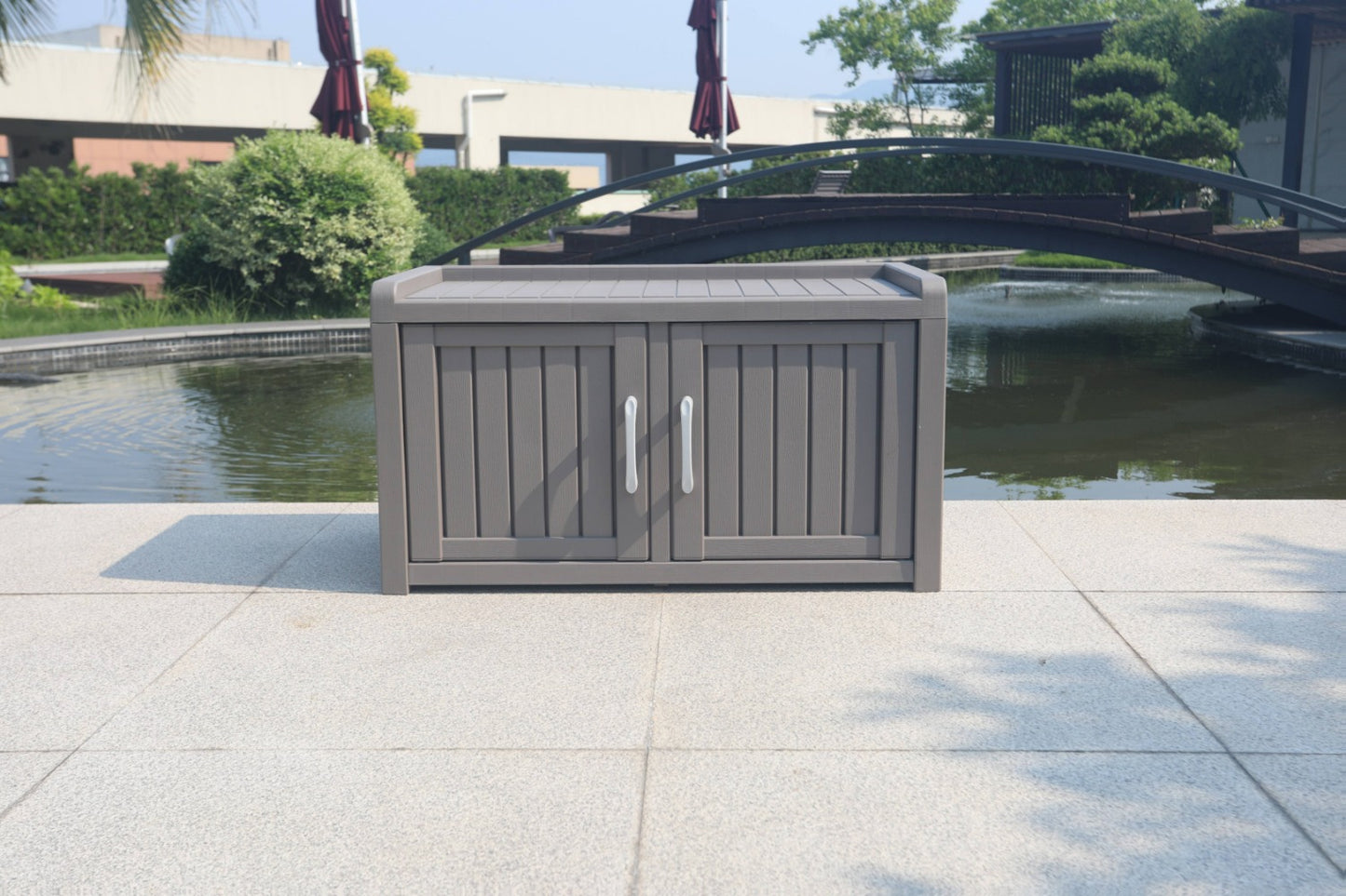 Outdoor Storage Bench with Double Doors & Adjustable Shelf, Entryway Storage Cabinet for Garden Tools & Outdoor Gear, 31.89" Patio Storage Stool in Black & Light Brown, Holiday Gift Idea