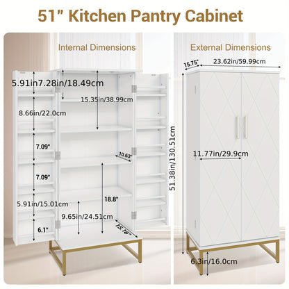 51" Modern Kitchen Pantry Cabinet with 6 Adjustable Shelves, Multi-Function Storage Cabinet with Golden Metal Base, Versatile Large Buffet Cupboards Sideboard for Dining Room, Bathroom, Living Room, Laundry, White And Golden