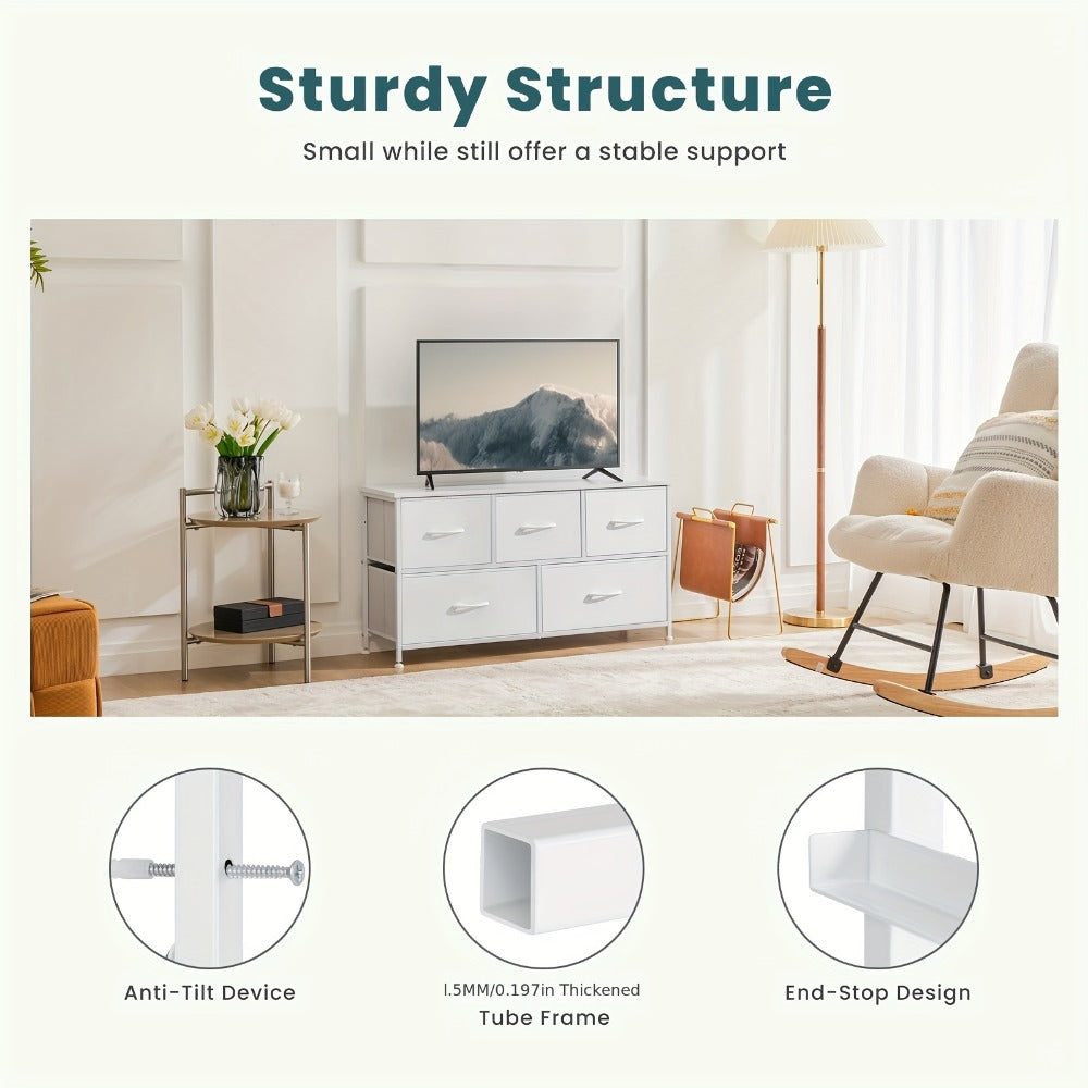 5-Drawer Dresser with Fabric Drawers & Cabinet Suitable for Bedroom, Room with Plastic Frame & Top, Low Chest Organizer Unit with Removable Bins, Space-Saving Furniture for Closet,, Hallway, Assembly