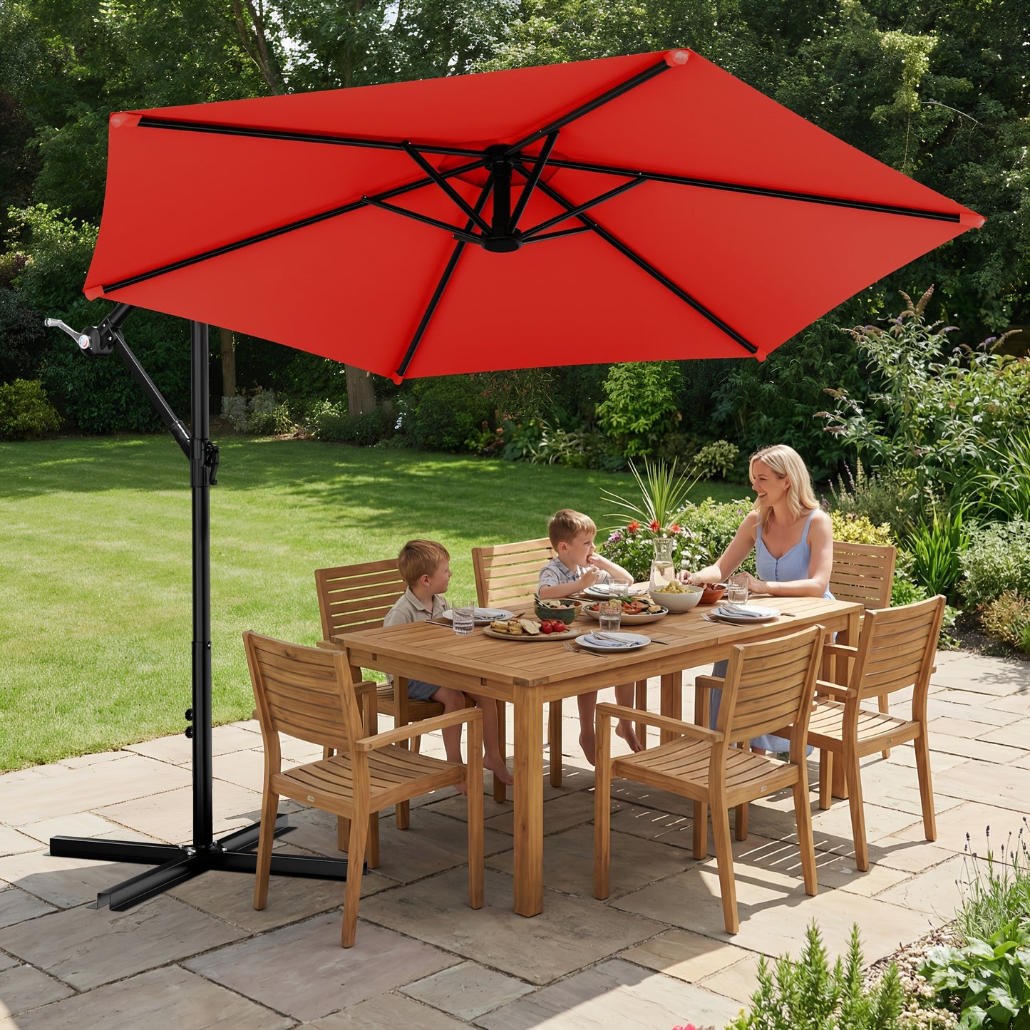 10-Foot Cantilever Patio Umbrella Featuring an Infinite Tilt Mechanism, Offset Outdoor Umbrella with a Cross Base, Durable Crank Lift Market Umbrella Suitable for Yards, Gardens, And Decks (Weighted Base Sold Separately)