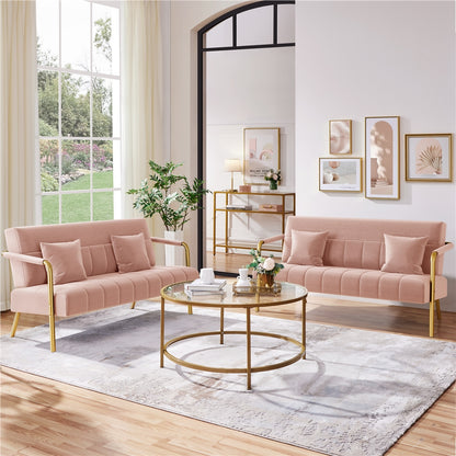 Costoffs Velvet Fabric Sofa Couch, 56.5″ W Modern Loveseat Couch with Gold-tone Metal Arms, Legs & 2 Pillows, Sofa for Living Room, Bedroom Furniture