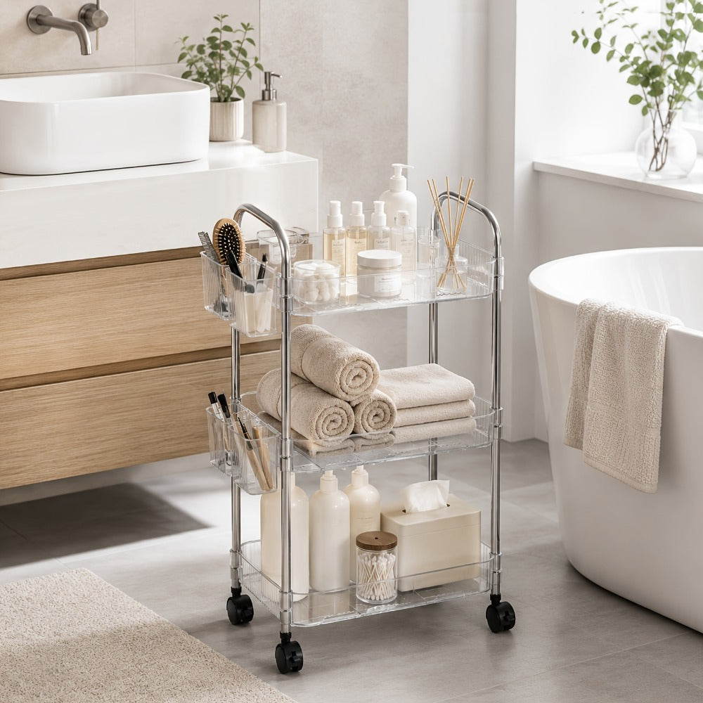 3-Tier Acrylic Rolling Storage Cart with 3 Hanging Boxes - Rolling Bathroom Cart for Cosmetics, Skincare & Snacks, 360° Wheels, Slim Utility Cart Under 27" Height