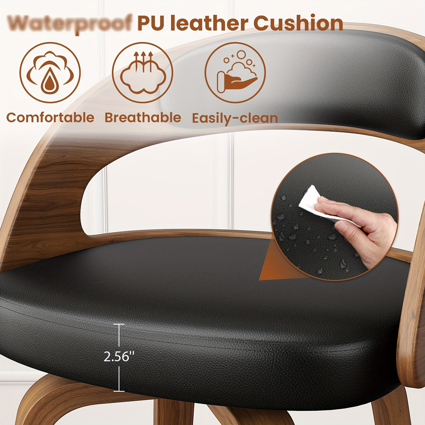 Modern 26" Counter Height Bar Stools Set Of 2, Ergonomic Faux Leather Swivel Chairs With Solid Wood Legs & Metal Footrest, Armless Design For Kitchen & Home Bar