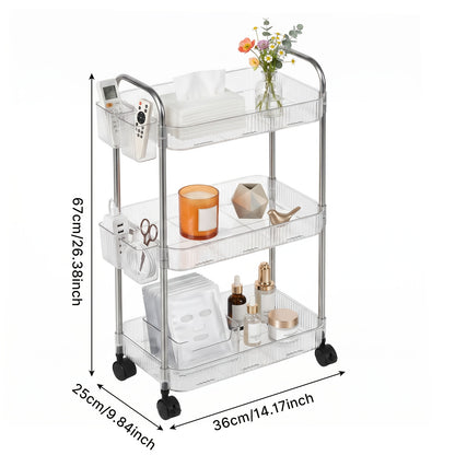 3-Tier Acrylic Rolling Storage Cart with 3 Hanging Storage Boxes, Rolling Cart for Cosmetics, Books, Snacks, Durable Acrylic Material, Under 27" Height, Versatile Bathroom Cart, Utility Carts, Snack Cart, Acrylic Bar Cart