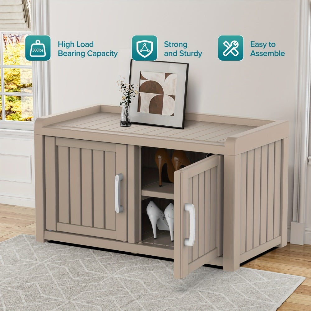 Outdoor Storage Bench with Double Doors & Adjustable Shelf, Entryway Storage Cabinet for Garden Tools & Outdoor Gear, 31.89" Patio Storage Stool in Black & Light Brown, Holiday Gift Idea