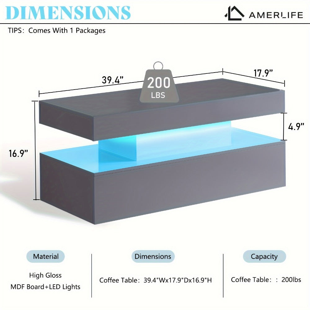 LED Coffee Table 40 Inch High Gloss 2-Tier Center Table with LED Lights & Open Storage – Modern Living Room Table in Black, White & Grey