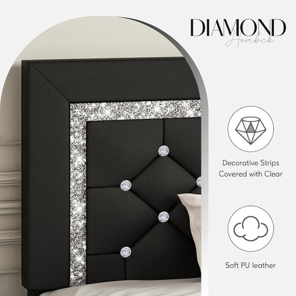 Upholstered Bed Frame With Diamond Tufted Headboard, Faux Leather Headboard & Footboard, Wooden Slats Support, No Box Spring Needed, Easy Assembly, Cozy Winter Gifts, Christmas Gift, Christmas Limited Edition, Festive Atmosphere, Black