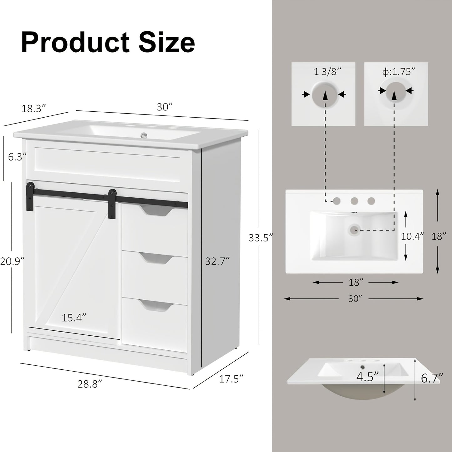 30 Inch Cottage Style Bathroom Vanity with Sink - Solid Wood Cabinet 3 Drawers Barn Door Sliding Shelf Ceramic Undermount Sink Modern Farmhouse Design