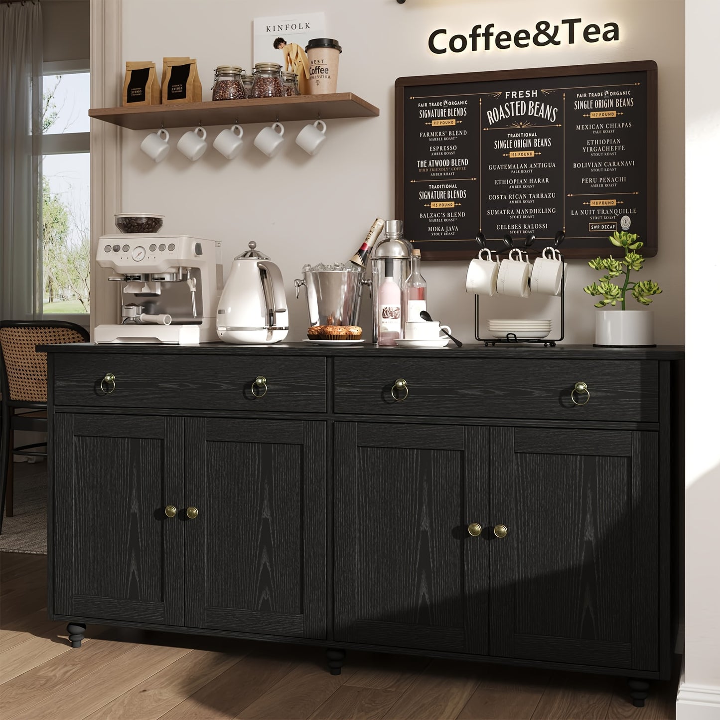 55" Buffet Cabinet, Coffee Bar with 4 Doors And 2 Drawers, Sideboard Cabinet with Adjustable Shelves, Coffee Bar Cabinet for Kitchen, Dining Room, Entryway, White/Black
