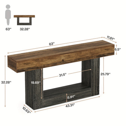63 Inch Farmhouse Console Table with U-Shaped Base & 2-Tier Shelves, Rustic Brown & Grey Two-Tone Sofa Table for Living Room Hallway Foyer Entryway