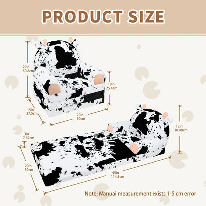 Kids Chair Plush with Removable Cover, Kids Sofa to Lounger, Kids Couch for Kids Over 18 Months, Toddler Recliners for Kids (Cow)