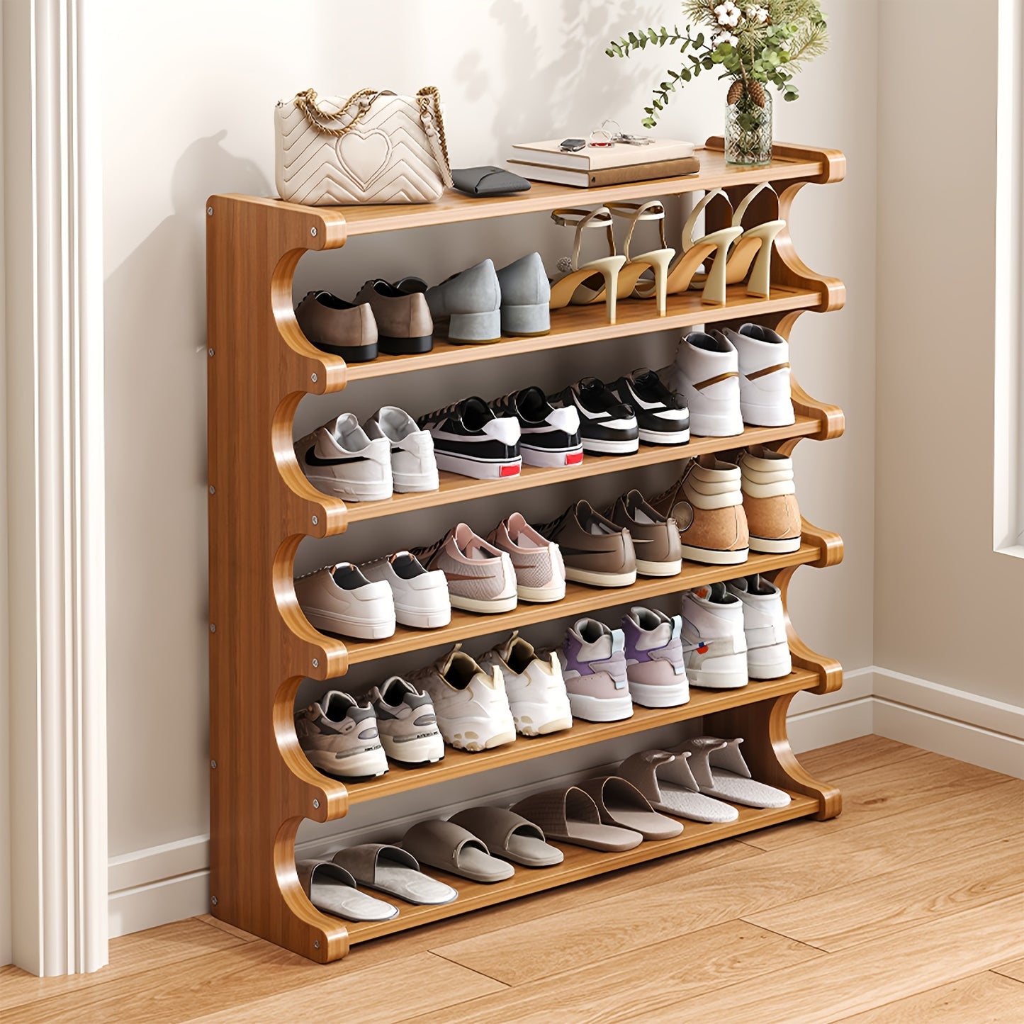 1pc Bamboo Shoe Rack | 3/5/6-Tier -Standing Shoe Shelf Suitable for Entryway, Living Room, Bedroom, - Space-Saving Storage with Easy Assembly, Modern Minimalist, Bamboo Shoe for Small Spaces