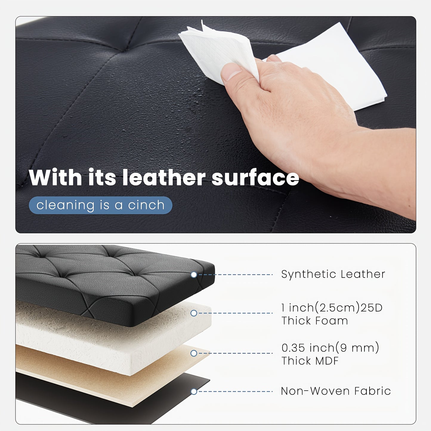 43 Inch Folding Storage Ottoman Bench - Upholstered Foot Rest Stool with 660 Lbs Weight Capacity, Extra-Strong Frame, Soft Synthetic Leather, for Living Room, Bedroom, Office & Dorm - Space-Saving, Multi-Functional Design