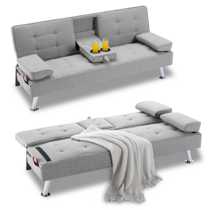 Convertible Futon Sofa Bed 67 Inch Sleeper Couch with Adjustable Backrest, Cup Holders, Detachable Armrests & Side Pocket - Fold Flat Guest Bed for Living Room, Apartment, Dorm