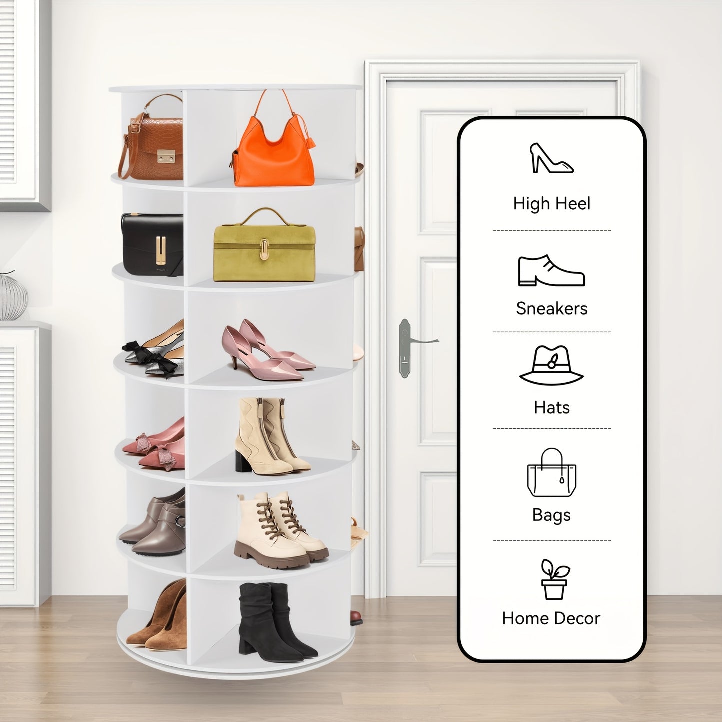7-Tier Spinning Shoe Rack, 360 Degree Rotating Shoe Organizer Tower, Vertical Carousel Storage for Shoes And Handbags. White