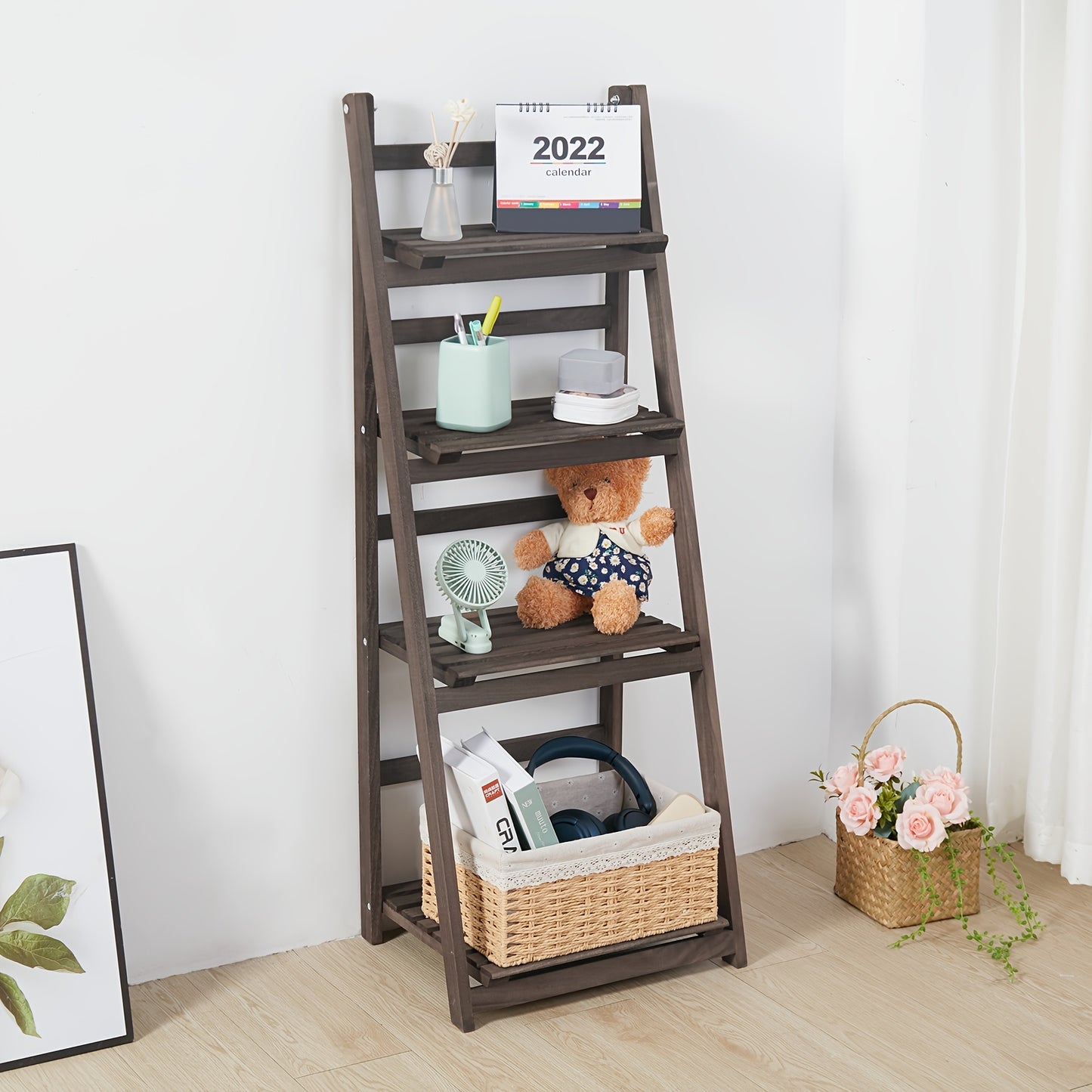 A Sturdy Wooden Plant Display Stand with Four Levels, Perfect for Organizing Your Garden, Patio, Balcony, Or Living Room Corner