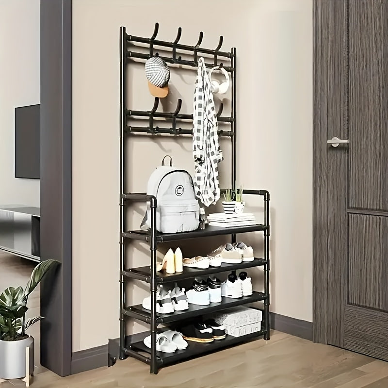 Black Metal Entrance Storage Rack with Hooks - Multi-Layer Shoe Racks, Hangers, And Household Storage - Perfect for Shoes, Hats, Bags, And Umbrellas - Stylish Modern Entrance Hallway Shelves, Shoe Rack Storage Boxes, Closet Organization Systems