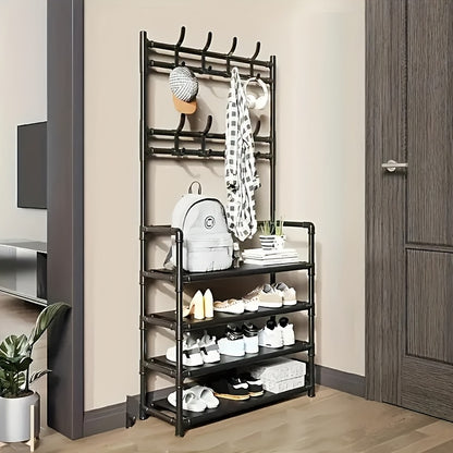 Black Metal Entrance Storage Rack with Hooks - Multi-Layer Shoe Racks, Hangers, And Household Storage - Perfect for Shoes, Hats, Bags, And Umbrellas - Stylish Modern Entrance Hallway Shelves, Shoe Rack Storage Boxes, Closet Organization Systems