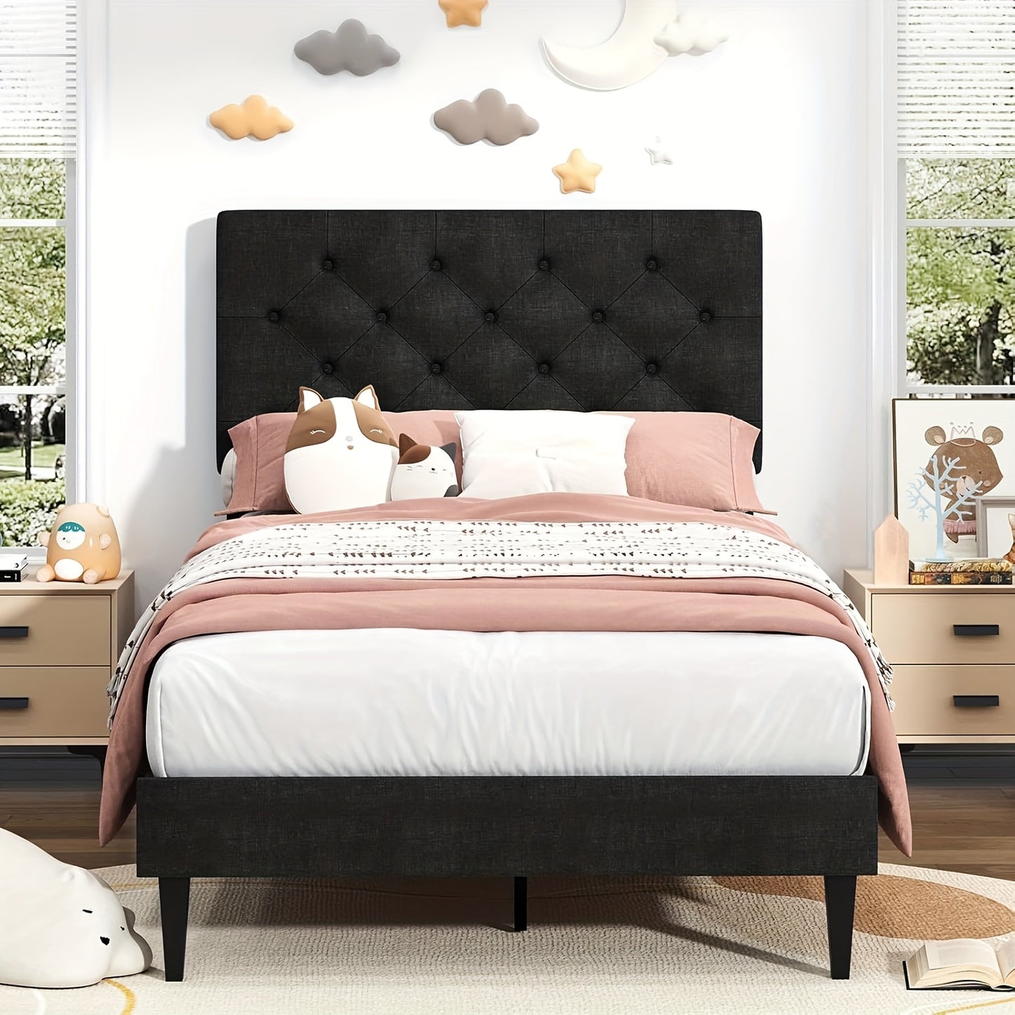 Twin/Full/Queen/King Size Bed Frame With Headboard, Linen Fabric Upholstered Bed Frame With Wood Slats(mattress Not Included), Halloween Decor, Wood Slats For Easy Assembly, Button Tufted, White/Blue/Dark Gray/Light Gray/Pink