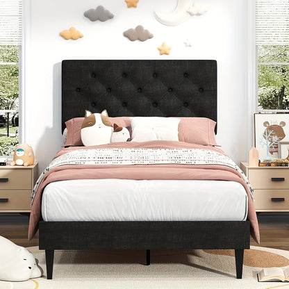 Twin/Full/Queen/King Size Bed Frame With Headboard, Linen Fabric Upholstered Bed Frame With Wood Slats(mattress Not Included), Halloween Decor, Wood Slats For Easy Assembly, Button Tufted, White/Blue/Dark Gray/Light Gray/Pink