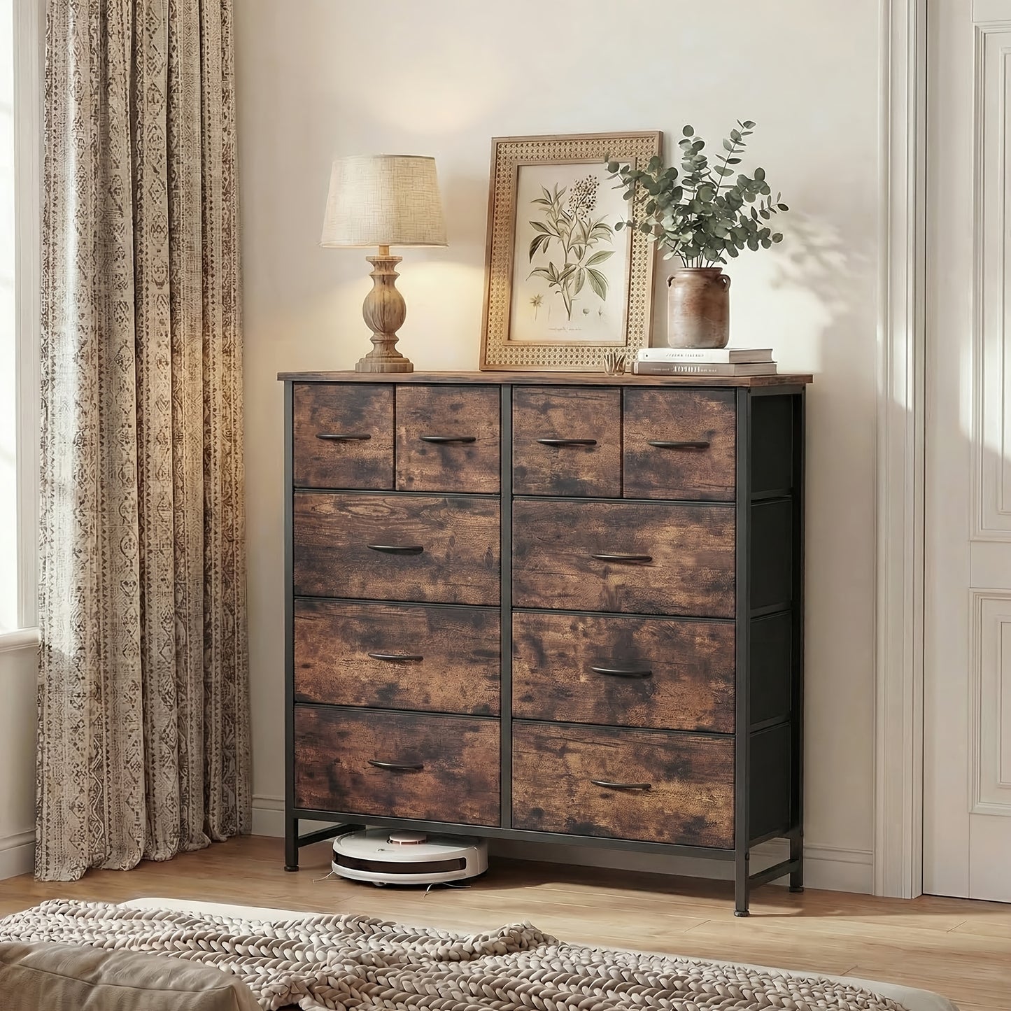 9 Drawer Fabric Dresser with Bins Tall Chest Organizer for Bedroom Closet Hallway Steel Frame Wood Top Easy Pull Handles