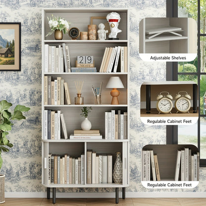 71 Inch Tall Bookcase with Sliding Doors 4 Shelves Storage Cabinet Adjustable Shelves Walnut Mid-Century Modern Home Office Living Room