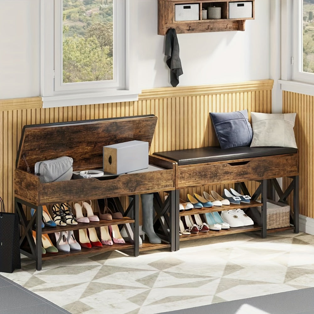 Entryway Shoe Bench with Cushion 7-Pair Vintage Shoe Rack Organizer – Floor-Mounted Storage Bench for Hallway Entryway Bedroom, 35.4" & 39.4", Black & Brown