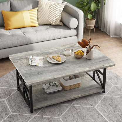 LTTROMAT Modern Coffee Table for Living Room, Faux Marble 2-Tier Coffee Table with MDF Broad & Metal Frame, Farmhouse Style Rectangular Center Table for Small Space, Space Saving Tea Table for Bedroom, Kitchen, Office