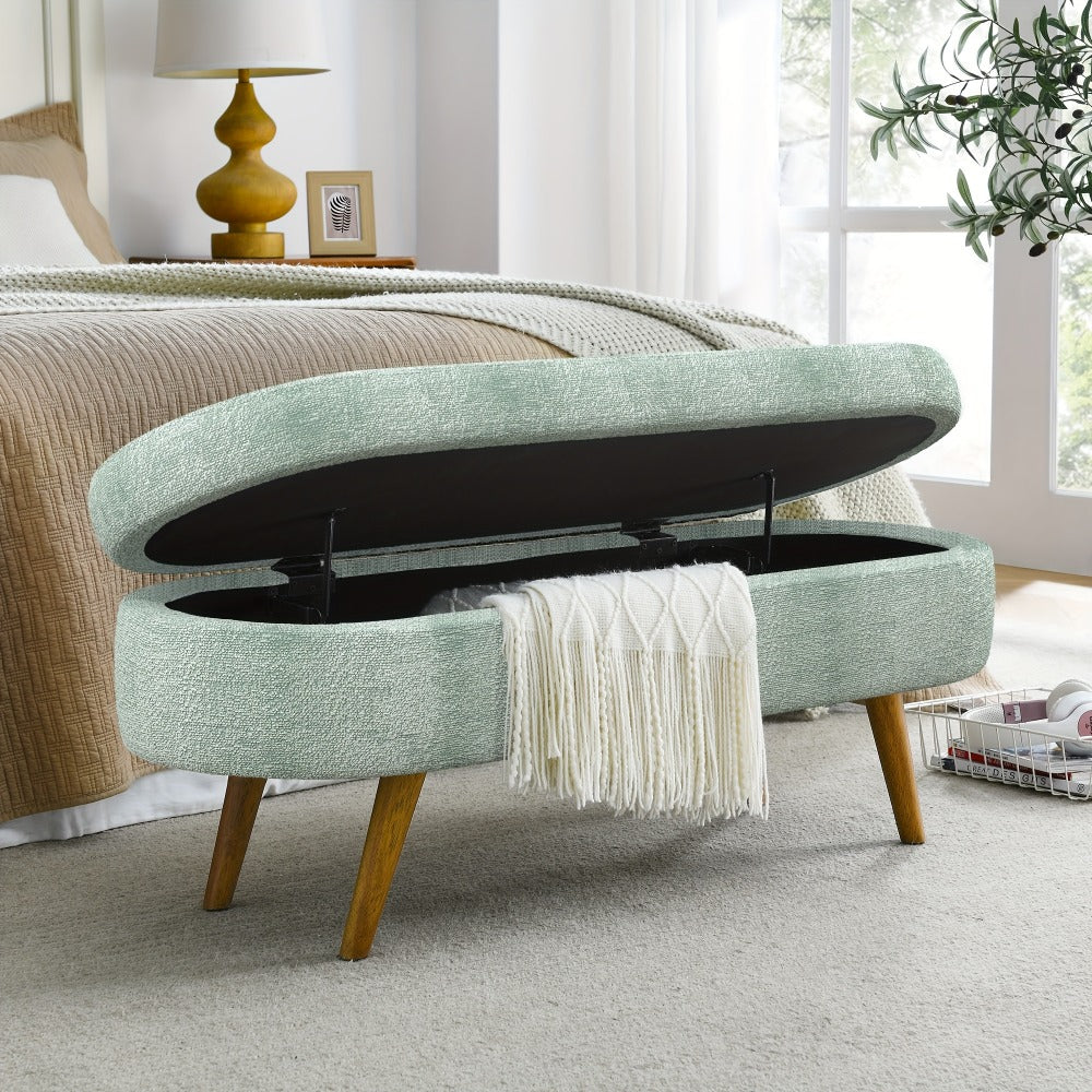 Upholstered Storage Ottoman Bench with Solid Wood Legs, Fabric Padded Footstool & Entryway Bench with Hidden Storage, 43.5" Bedroom Living Room Hallway Bench, 250 lb Capacity, 8 Colors