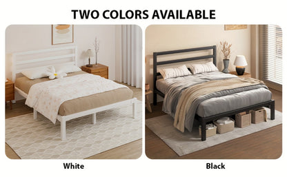Metal Platform Bed Frame with Slatted Headboard – Under Bed Storage, No Box Spring Needed, Sturdy Metal Slats, Black White, Twin Full Queen King