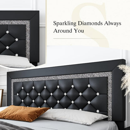 Upholstered Bed Frame with Diamond Tufted Headboard, Faux Leather Headboard and Footboard, Wooden Slat Support, No Box Spring Needed, Easy Assembly, Twin Full Queen King, Black