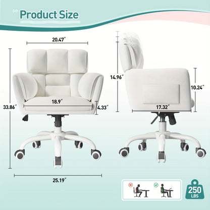 Vanity Chair Skin-Friendly Material with Mid-Back, Modern Adjustable Height Upholstered Swivel Chair with Wheels, Desk Chairs Comfy with Side Pockets for Bedroom