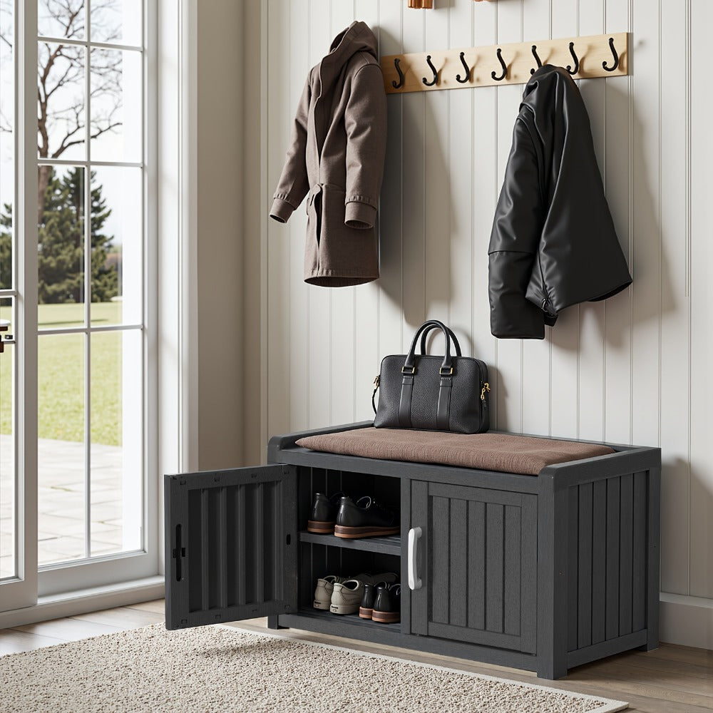 Outdoor Storage Bench with Double Doors & Adjustable Shelf, Entryway Storage Cabinet for Garden Tools & Outdoor Gear, 31.89" Patio Storage Stool in Black & Light Brown, Holiday Gift Idea