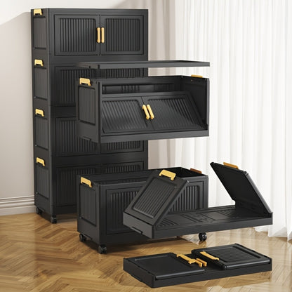 Foldable Storage Cabinet 3/4/5 Tier Stackable Plastic Boxes with Lids & Casters, Portable Modular Wardrobe Organizer for Bedroom Kitchen Living Room Entryway