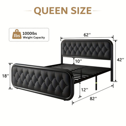 Metal Platform Bed Frame with Faux Leather Headboard Heavy Duty Steel Slats 12 Inch Under Bed Storage Space Easy Assembly Full Queen King Black