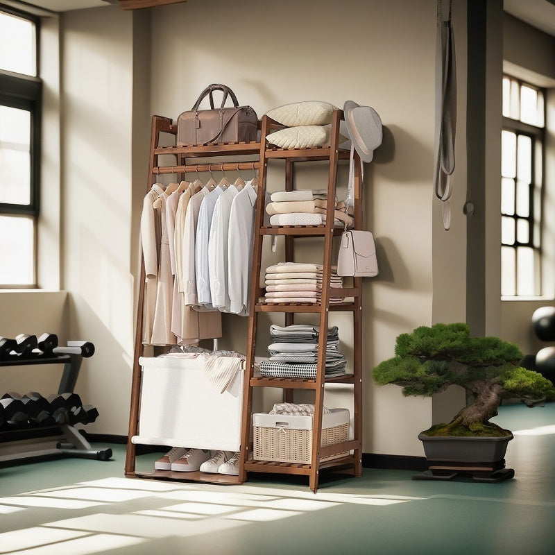 A multi capacity storage rack with brown and brown options, equipped with 5 side storage racks. A hat rack with shelves and bags is suitable for home storage, and a side hat hook is suitable for bedroom and hat room storage Specifications: with bag or wit