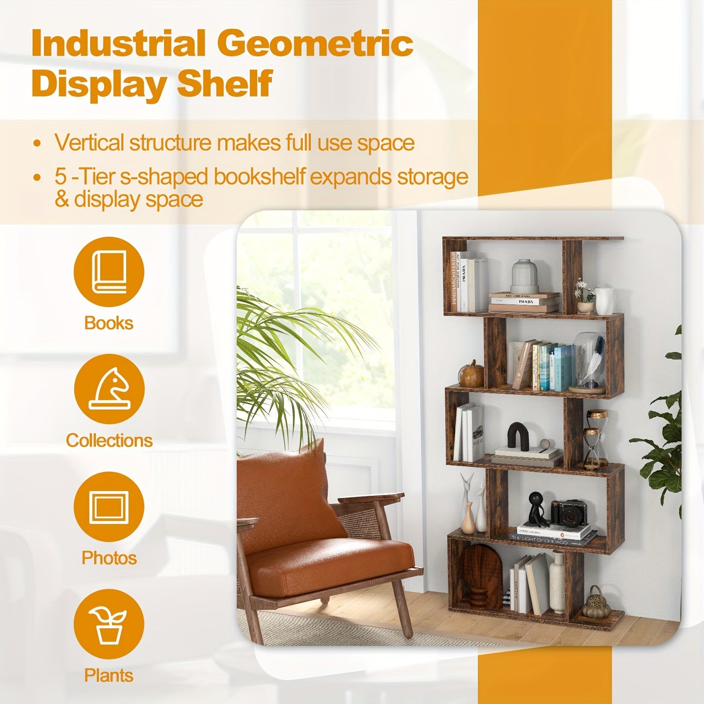 5-Tier Geometric S-Shaped Bookcase, Rustic Wooden Room Divider Storage Display Shelf, 62.5" Tall Freestanding Shelving Unit for Home & Office Decor